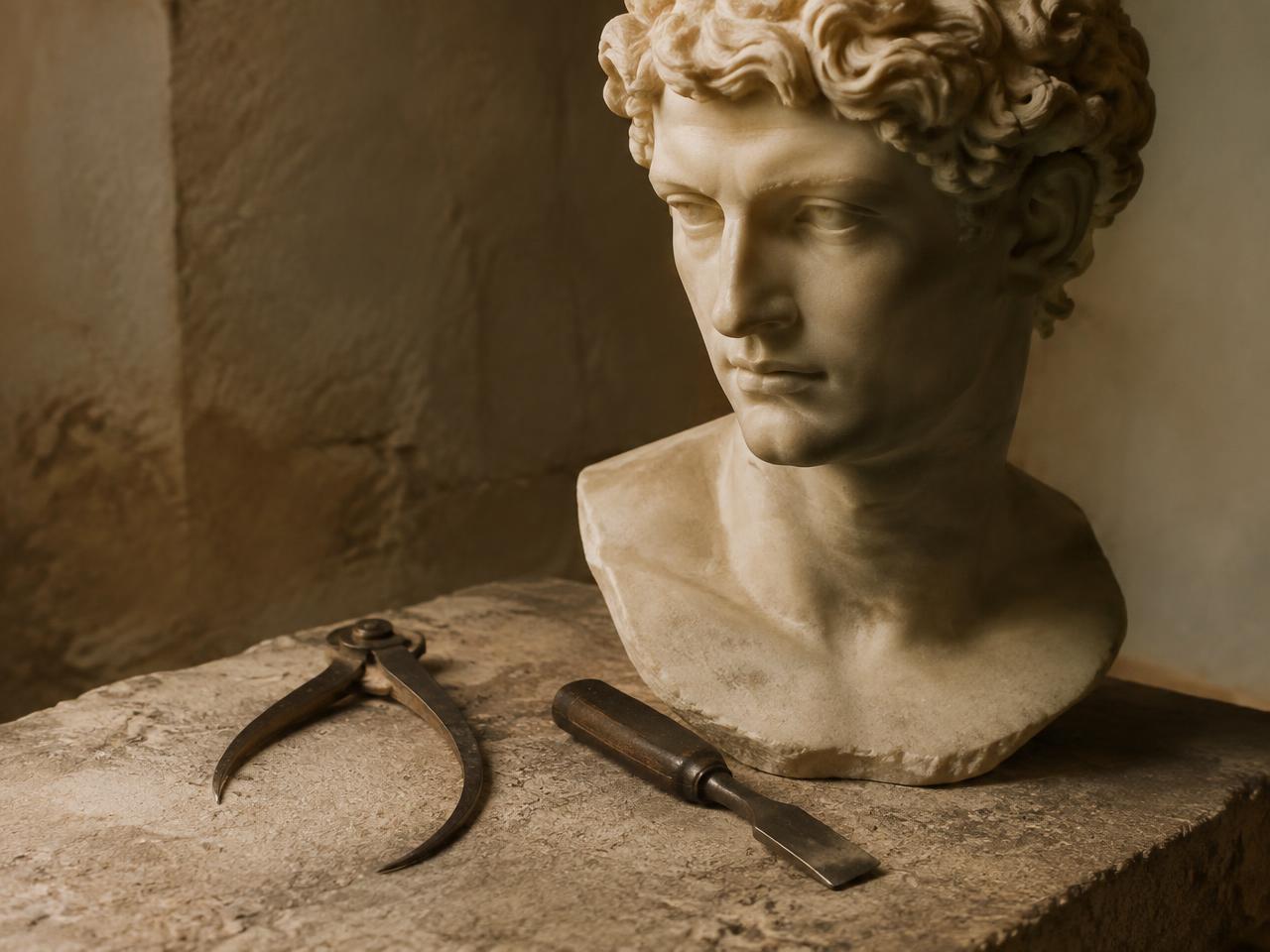 A classical marble face repaired with seams of gold