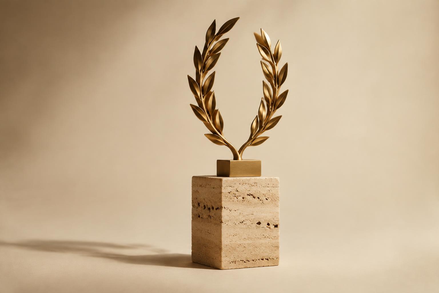 The Aesthetic Awards 2027 — golden laurel trophy on travertine