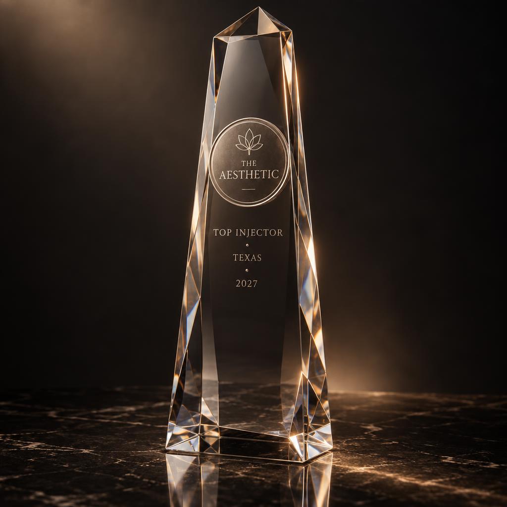 The Aesthetic Awards crystal obelisk, engraved with The Aesthetic medallion and Top Injector · Texas · 2027