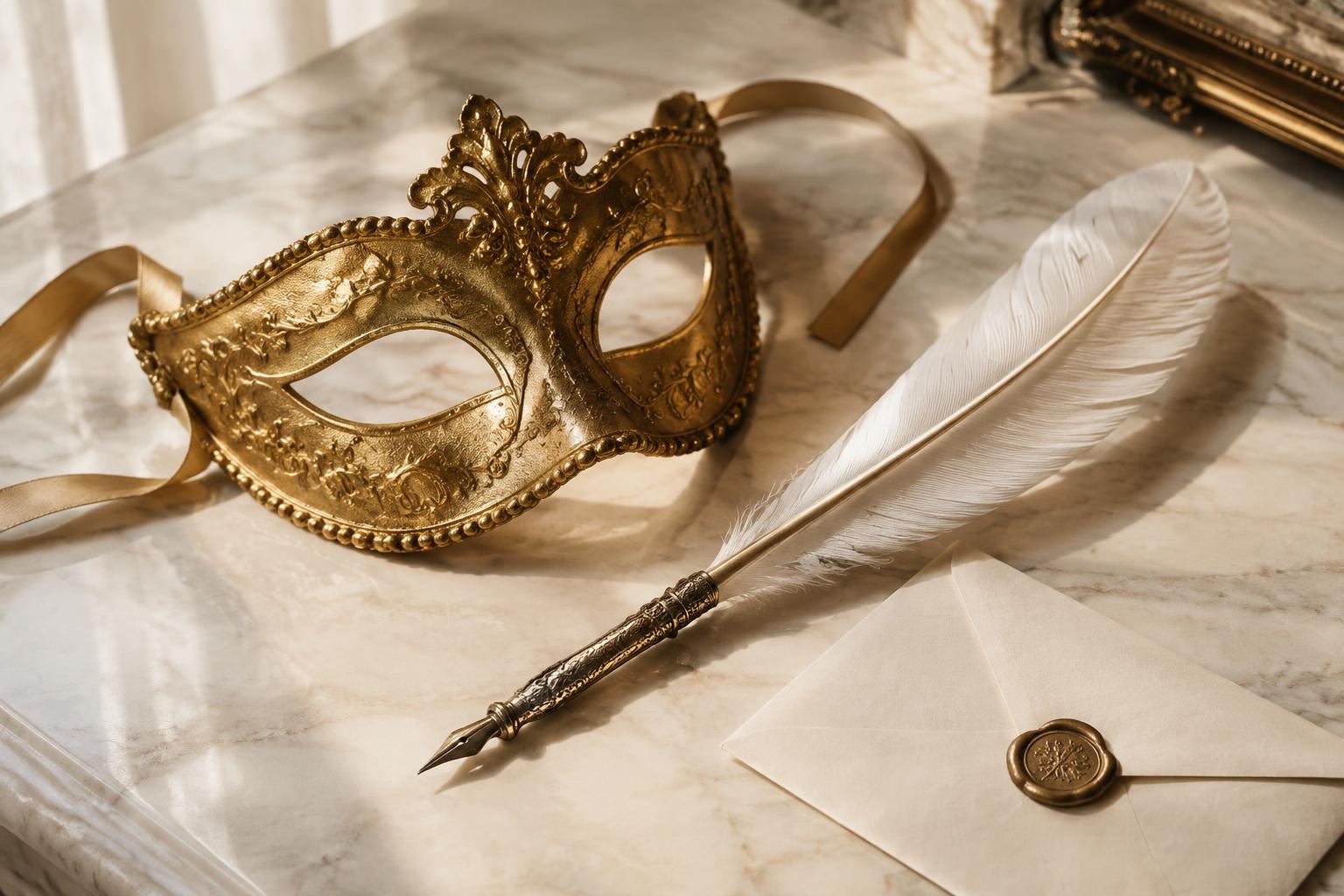 A gold masquerade mask, feather quill, and wax-sealed letter on marble